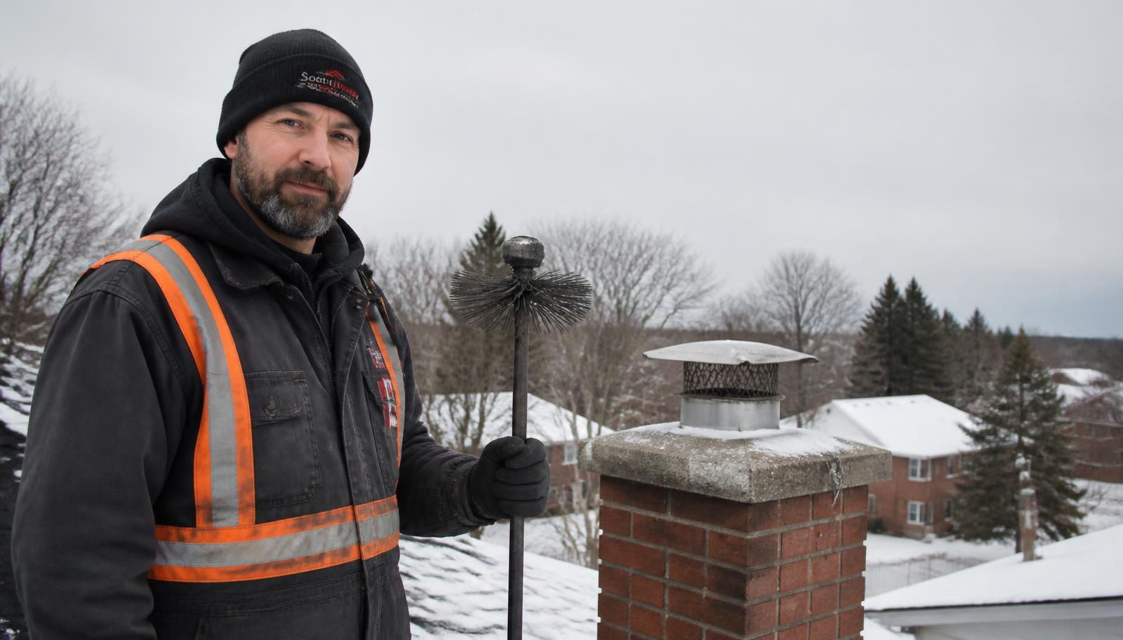 WETT-certified Fireplace Chimney Newmarket technician holding a sweep brush beside a capped brick chimney on a snow-covered Newmarket rooftop